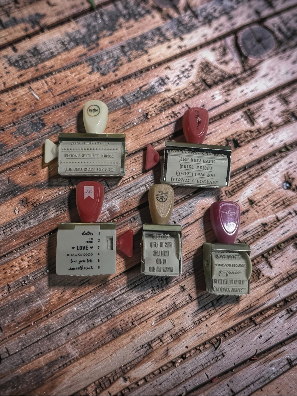 Set of Small Vintage Handheld Word Stamps - Multi Color Handles BT2